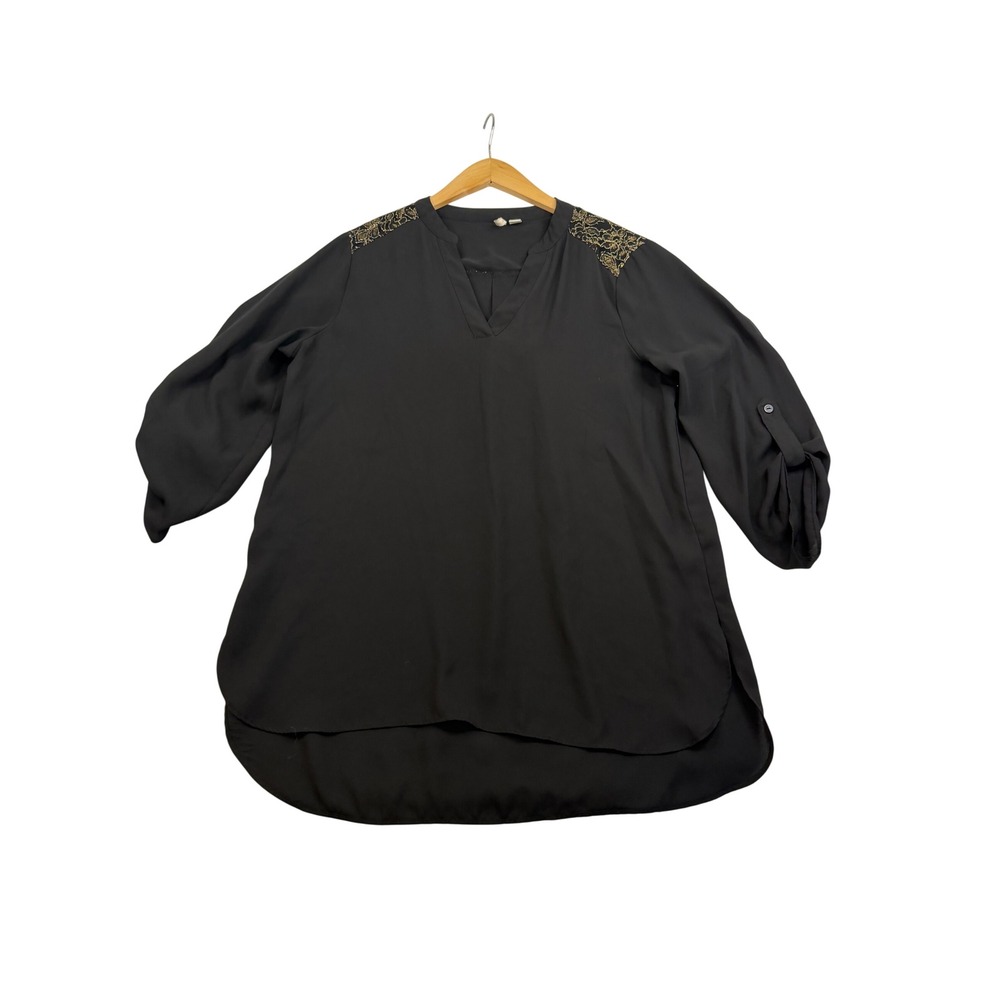 Cato Black V-Neck Blouse Gold Lace Shoulder Roll Tab Sleeve Tunic Large